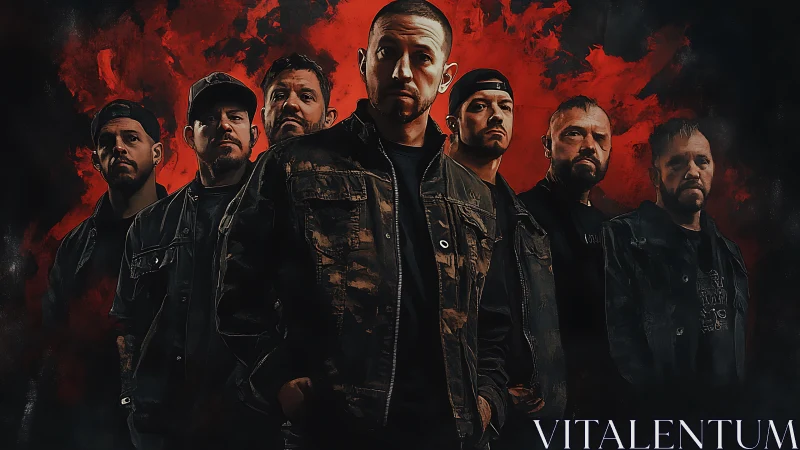 Brooding rock band standing strong against fiery red haze.