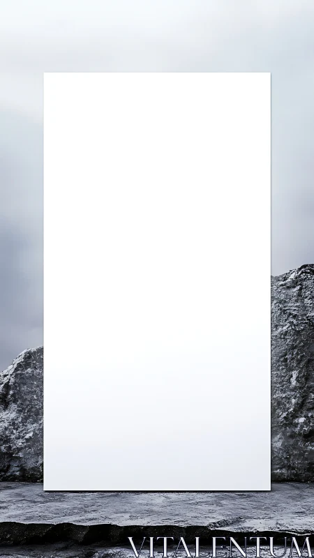 Minimalist white poster over rugged rock landscape backdrop.