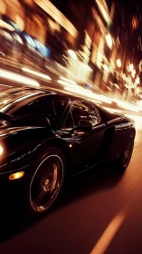 High-gloss black supercar under extreme motion blur at night