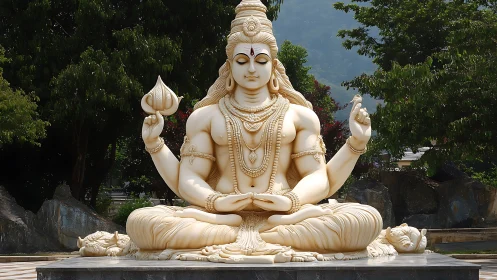 Large seated Shiva statue in meditative pose outdoors.
