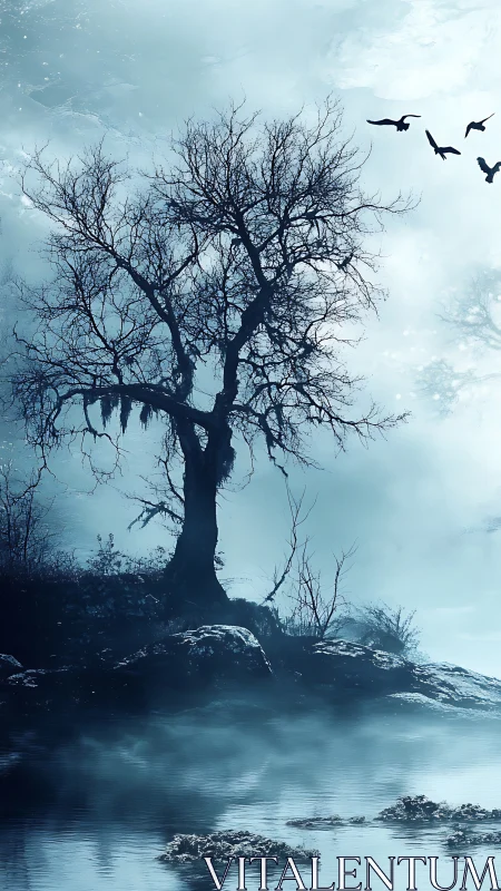 Bare winter tree over misty lake under pale blue sky.
