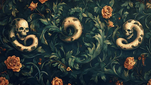 Skulls and serpentine forms intersect with dense floral foliage