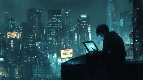 Solitary digital artist over neon-soaked cyberpunk skyline.