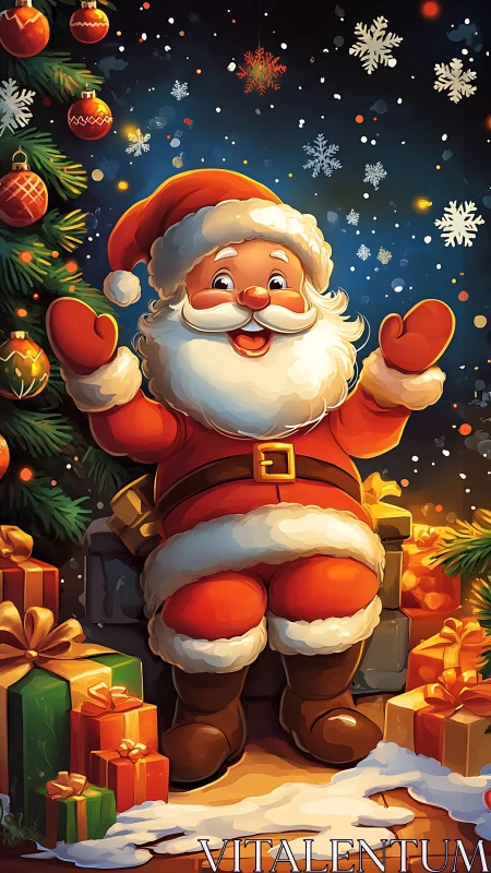 Cheerful cartoon Santa stands amid glowing Christmas gifts
