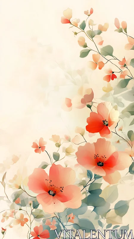 Coral Floral Cascade Watercolor Art.