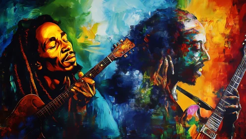 Reggae guitarist in vivid dual portrait of color and sound.