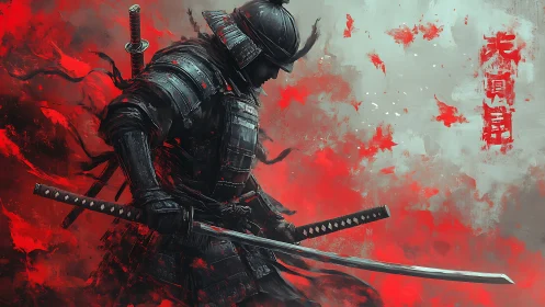 Lone samurai strides through swirling crimson battlefire.