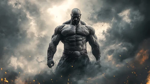 Stormforged colossus strides from ember-lit war clouds