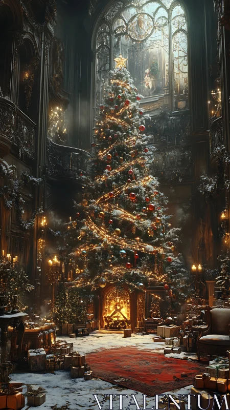 Grand Christmas tree glows inside snow-dusted Gothic hall.