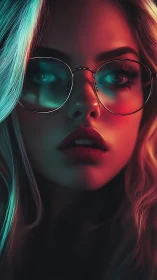 Neon-lit portrait highlights reflective round glasses and gaze.