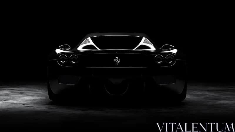 Sleek black supercar glowing softly in dramatic darkness.