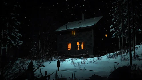 Snowy night cabin with lone figure in dark forest scene.