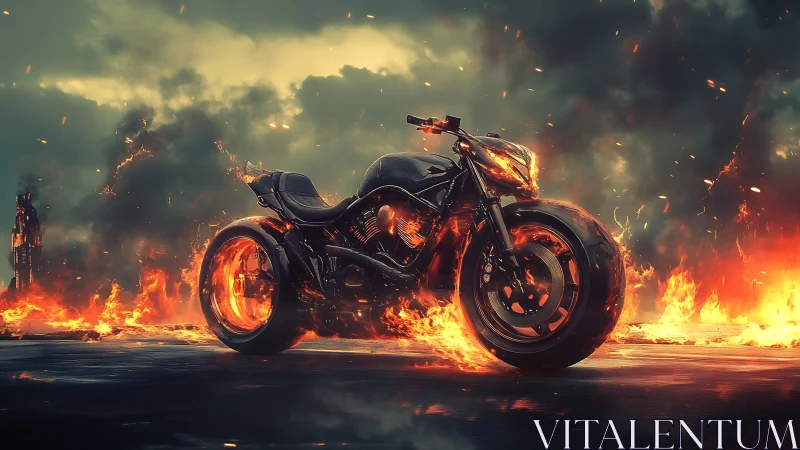 Futuristic heavy motorcycle stands on burning asphalt at dusk