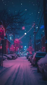 Snowy residential street at night under pink holiday lights