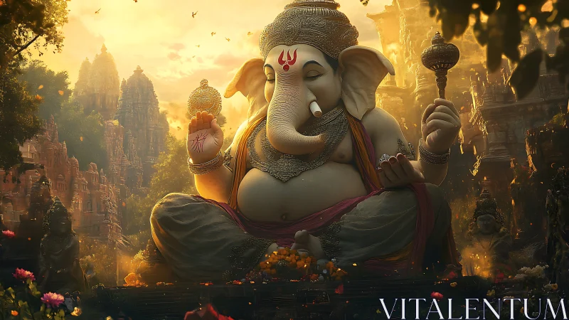 Majestic Ganesha idol glows amid golden temple ruins at dusk