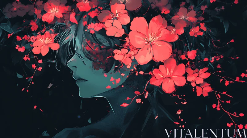 Soft teal portrait blooms with bright, dreamlike red flowers