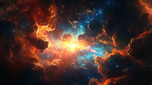 Stellar nebula ignites vivid orange and cyan cosmic clouds