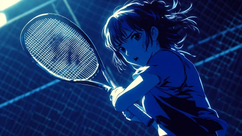 Neon-lit anime tennis duel frozen in electric blue focus.