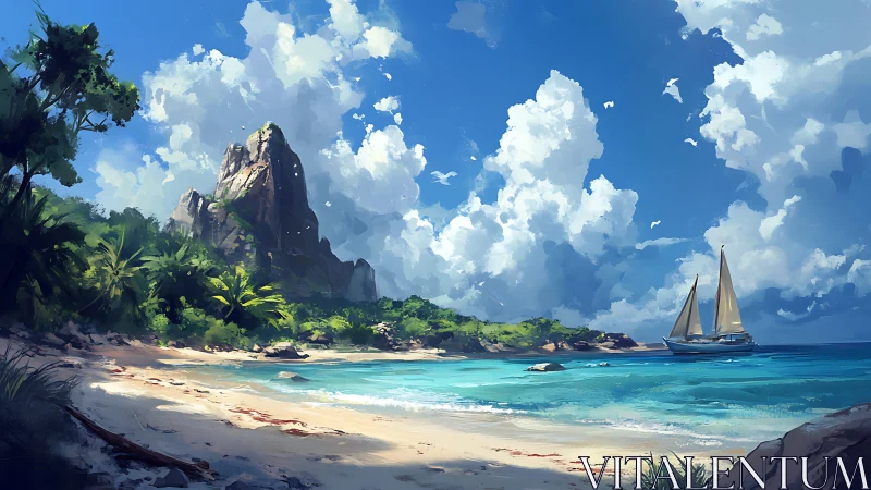 Tropical Island Paradise with Sailboat in Turquoise Waters