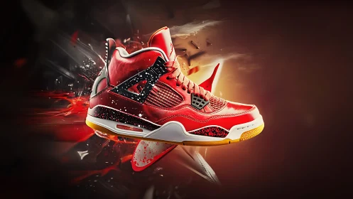 High-gloss red sneaker in dynamic aerodynamic explosion field.