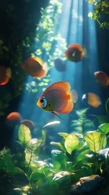 Orange tropical fish swims through lush sunlit aquarium.