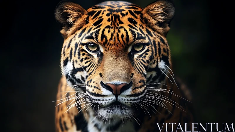 Close-up portrait of alert tiger against dark background.