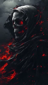 Grim firewalker cloaked in shadow and smoldering embers.