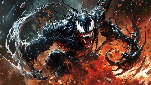 Symbiotic creature lunges through molten debris in dynamic comic art
