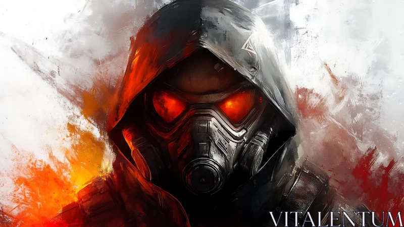 Hooded cyber soldier with burning eyes in explosive haze.