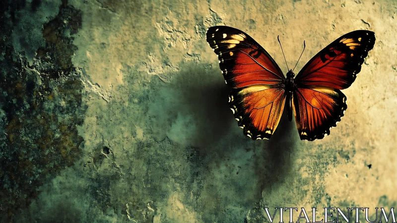 Rust-red butterfly resting softly on a weathered wall.