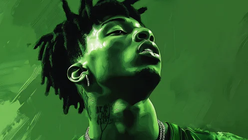 Upward gaze in monochrome green digital portrait study.