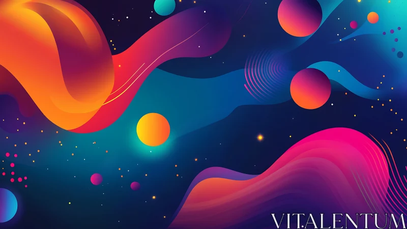 Neon gradients swirl around glowing orbs in cosmic space.