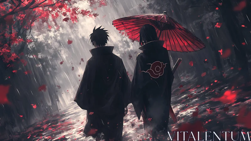 Two cloaked wanderers sharing a quiet walk in the rain.