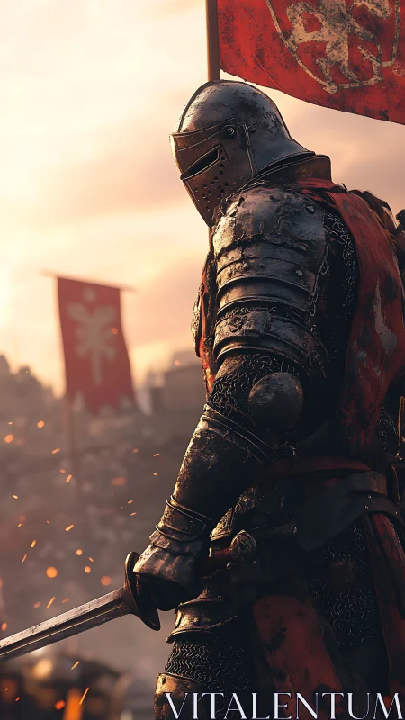 Armored knight stands ready beneath battle-worn banner at dusk.