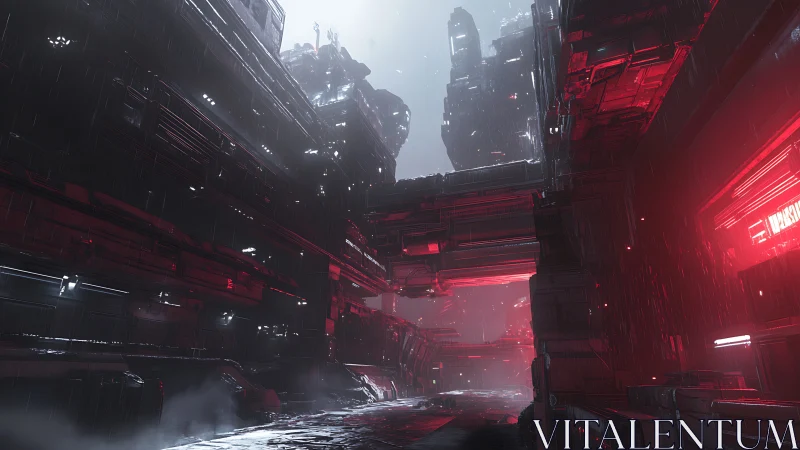 Neon-lit sci-fi alleyway glows under heavy futuristic rain