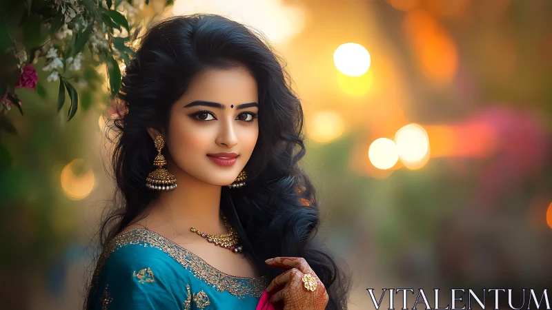Portrait of woman in teal attire with warm bokeh background.