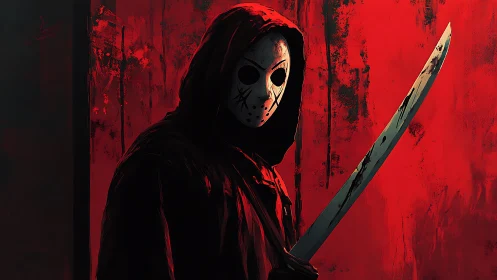 Hooded mask killer poised in a crimson nightmare corridor.