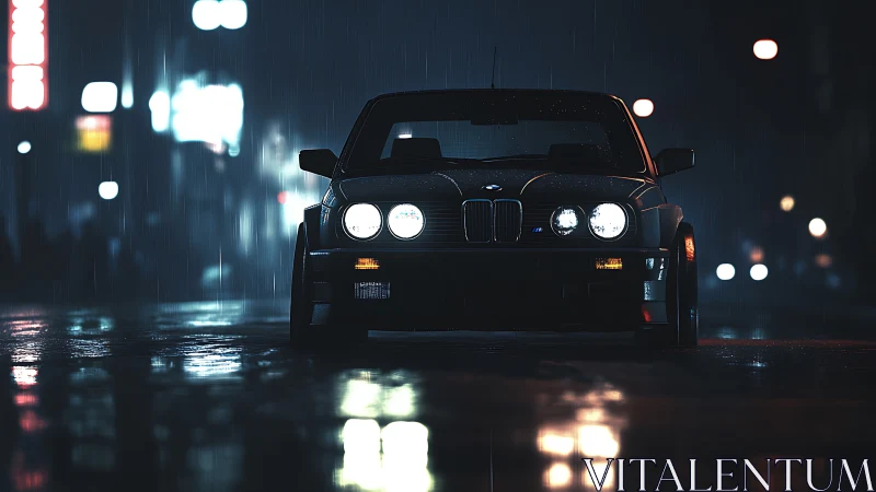Midnight BMW prowl under neon rain and glimmering asphalt.