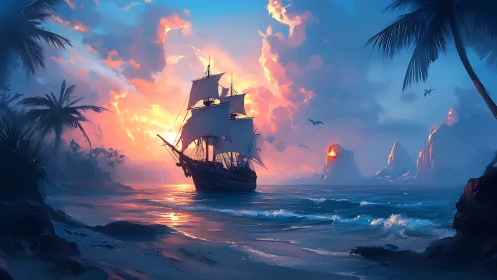 Sunlit pirate ship glides toward glowing volcanic isles