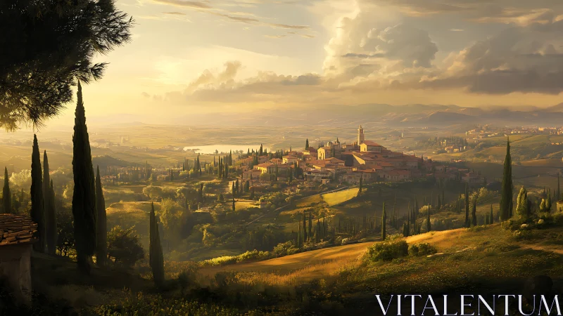 Sunlit hilltown drifts through golden Tuscan afternoon haze