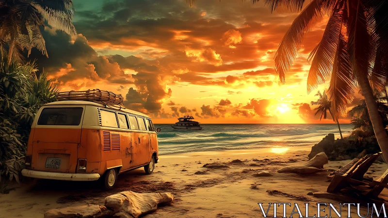 Golden beach sunset welcomes a resting retro camper van