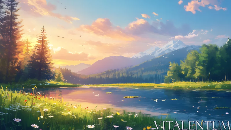 Sunlit alpine lake reflects distant snowcapped mountain range