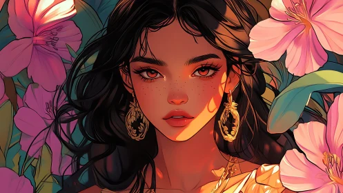 Freckled woman framed by pink hibiscus in warm sunset light