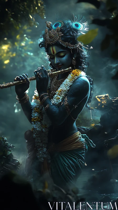 Divine blue-hued flute player in misty forest pool at dusk