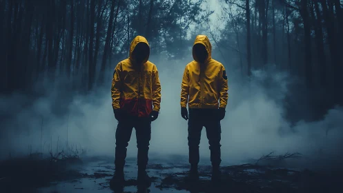 Nocturnal twin silhouettes in fog-dense conifer forestscape.