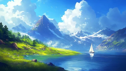 Sunlit alpine lake panorama with snow peaks and sailboat