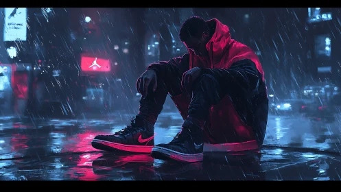 Solitary hooded figure rests in neon soaked midnight rain