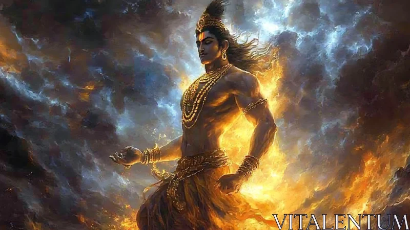 Radiant divine warrior strides through swirling cosmic fire