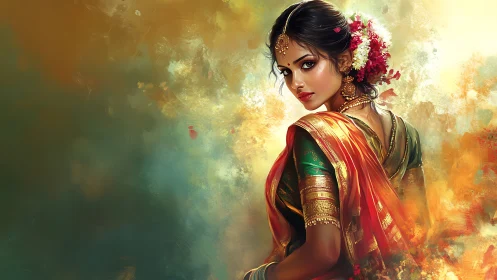 Elegant Indian Woman in Traditional Saree, Vibrant Digital Art.