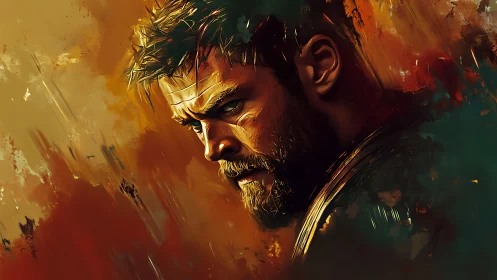 Brooding warrior’s gaze wrapped in fiery painterly light.